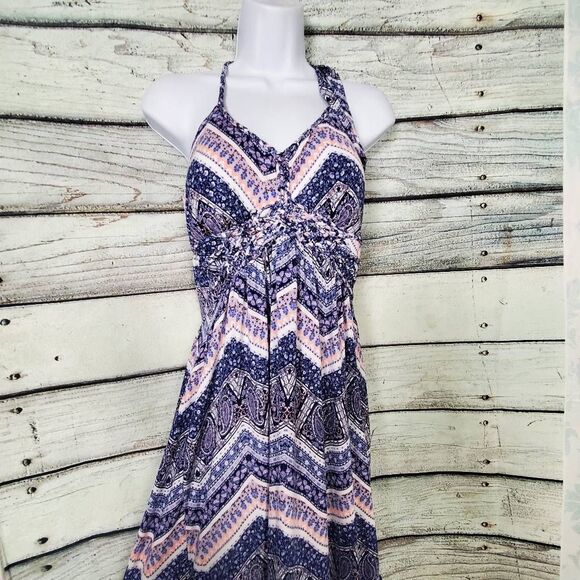 Vanity Chevron Lace Halter Maxi Dress Boho Festival Navy Pink Women’s Large - Picture 4 of 9
